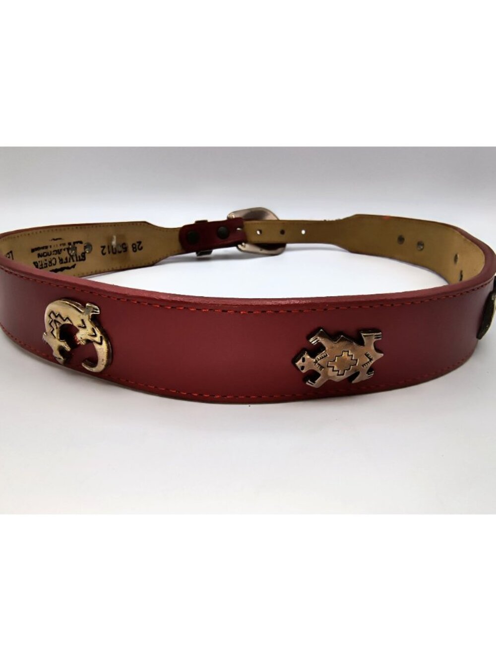 Vintage Silver Creek Tooled Leather Belt With Western Brass Accents & Navajo-Ins - Picture 3 of 5